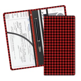 ADUQLZUX Leather Car Registration and Insurance Card Holder, Cute Car Accessories Vehicle Glove Box Car Organizer for Documents, Cards, License Luxury Black Red Plaid