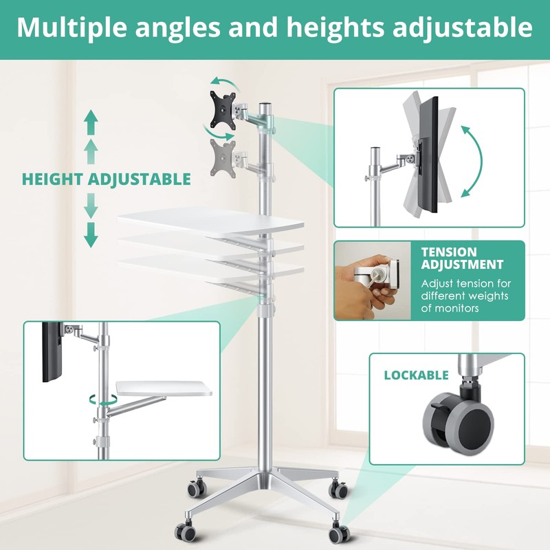 viozon Mobile Desk,Mobile Workstation,Mulitiuse Rolling Laptop Floor Stand,34"-48.6" Height Adjustable,Compatible