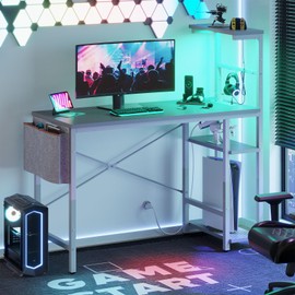 Bestier Gaming Desk with Power Outlets, 44 Inch Led Gamer Desk with 4 Tiers Reversible Shelves, PC Gaming Table with Headset Hook & Side Storage Bag for Bedroom (Grey 3D Carbon Fiber)