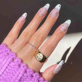 BABALAL Almond Press on Nails Medium Fake Nails White French Tip Glue on Nails 24Pcs Chrome Stiletto Shiny Rhinestone Acrylic Nails for Women and Girls