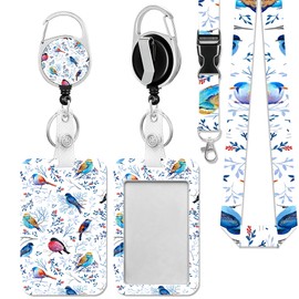 Id Badge Holder with Lanyard,Colorful Flowers and Birds Badge Reel Heavy Duty with Retractable Clip,Name Tag for Office Nurse Teacher Student Women Men