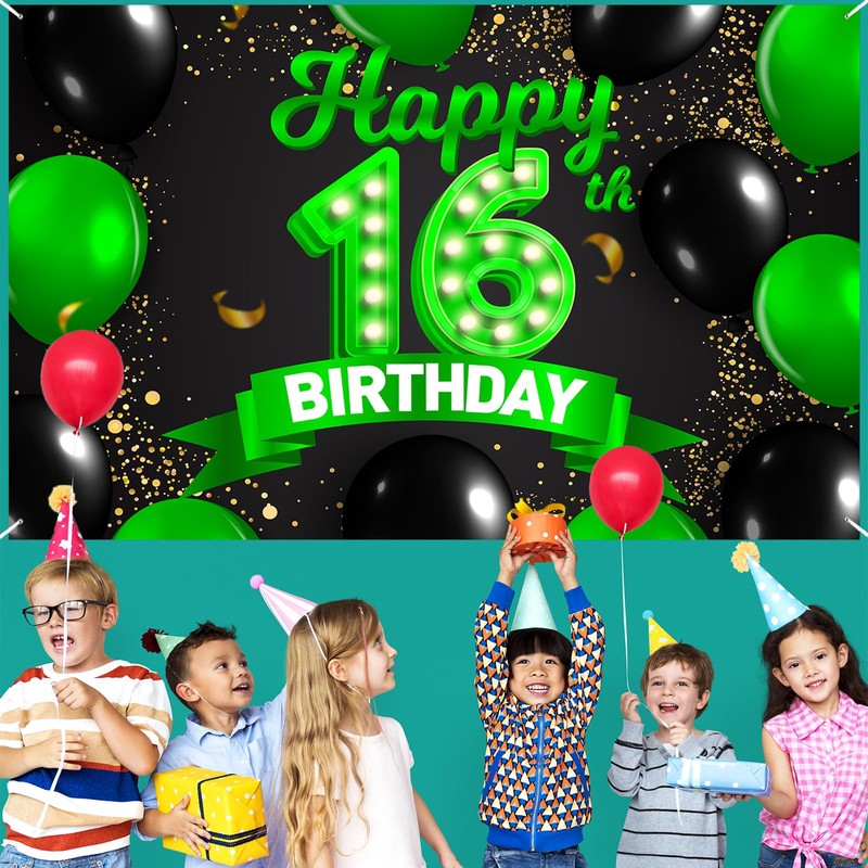 Happy 16th Birthday Green and Black Banner Backdrop Cheers to
