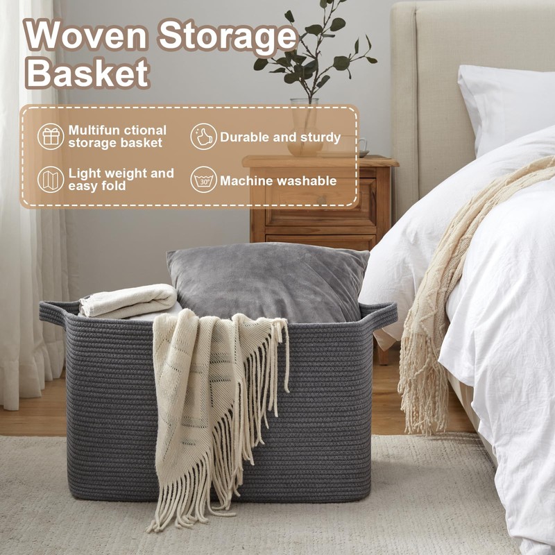 OIASKET 95L Large Blanket Basket, Blanket Storage Living Room, Rectangle