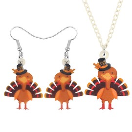 NEWEI Cute Thanksgiving Turkey Jewelry sets for Women Acrylic Chicken Thanksgiving Holiday Jewelry Pendant Necklace Dangle Earrings Set (Pumpkin Thanksgiving Turkey #1)