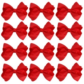4 Inch Boutique Girls Hair Bows Hair Clips for Baby Girls Toddlers 12 Pcs Solid Color(Red)