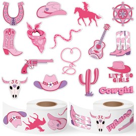 CNhoqc Western Cowgirl Sticker Rolls - 1000pcs Rodeo Pink Cowgirl Hat Boots Cactus Waterproof Vinyl Reusable Laptop Stickers Coloring Book Water Bottle Page Activity Pad Summer Birthday Party Favors