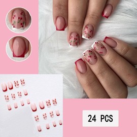 Cherry French False Nails Medium Square Red White French Cherry Pattern Glossy Full Cover Nail Stickers Spring Nail Gel Women Nail Art 24pcs