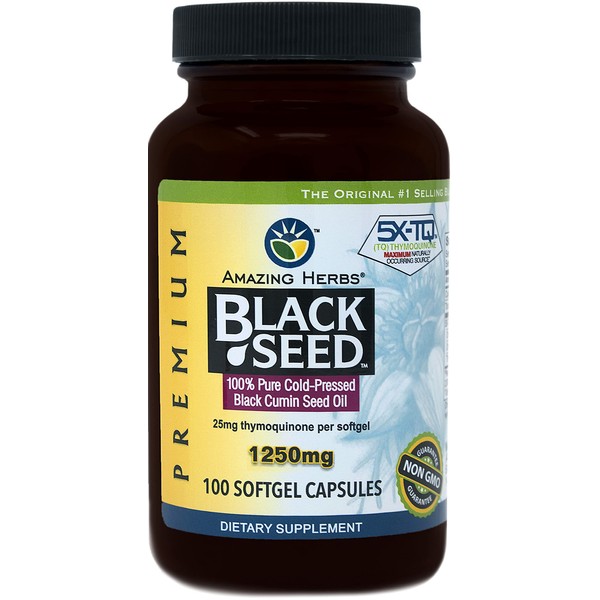Amazing Herbs Black Seed Oil Pills 1250mg, 100 Softgel Capsules - Cold-Pressed | Non GMO