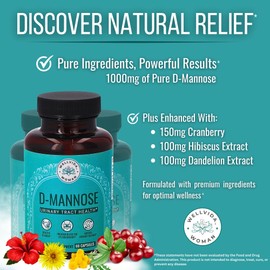 Natural D Mannose 1000mg Capsules | Antioxidant-Rich Cranberry Supplement with Hibiscus & Dandelion | 4-in-1 DMannose Pills for Urinary Tract Health for Women | Clear UTI Support | 30-Day Supply
