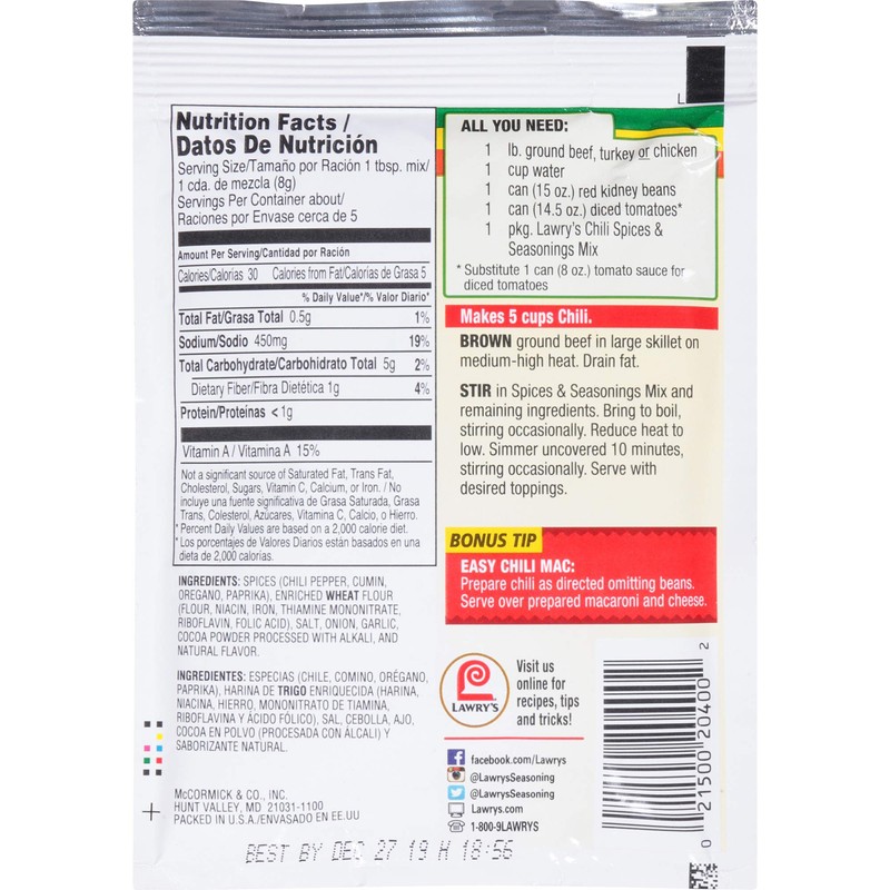 LAWRYS Spices & Seasonings Chili 1.48 OZ(Pack of 3)