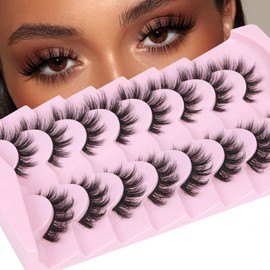JIMIRE Faux Mink Lashes Fluffy Cat Eye False Eyelashes Natural Look Volume 15MM Wispy Fake Lashes Look Like Eyelash Extensions 8 Pairs Pack