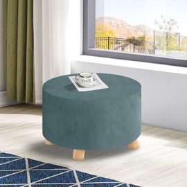 MAXIJIN Velvet Ottoman Slipcover - Round Foot Stool Cover, Thick Storage Protector with Elastic Bottom (Medium, Dusty Blue)