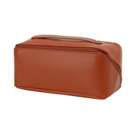 Wenwood Travel Makeup Bag for Women, Zipper Closure,Waterproof Portable Cosmetic Bag PU Leather Open Flat for Travel Essentials