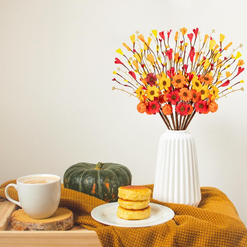 12Pcs Fall Flowers Decorations Artificial Floral Stems with Pumpkin Flower