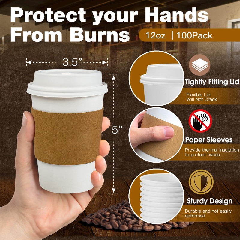 Ginkgo 100 Pack 12 oz Leak-Proof Coffee Cups with Lids