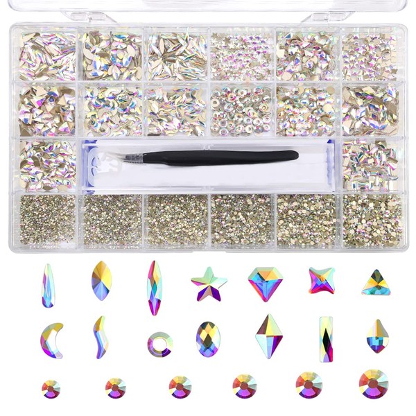 10000 Pieces Flatback Rhinestones for Crafts,Nail Gems Gemstones Crystals Jewels,Craft Glass Diamonds Stones Bling Rhinestone with Tweezers and Picking Pen,6 Colors(White AB)