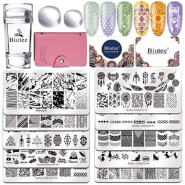 Biutee Nail Image Plate Set, Nail Stamp Set, Nail Stamp Plate Set, Stamping Plate, 10 Pieces, Nail Plate, Stamps, Scraper, Card Bag, Flowers Animals, Plants