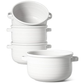 LE TAUCI Soup Bowls with Handles - 28 oz Lead-Free Ceramic French Onion Crocks, Oven and Microwave Safe, Heat-Resistant Design, Stackable, Dishwasher Safe, Set of 4, White