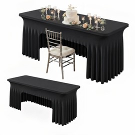 6FT Black Spandex Open Back Table Cover for Rectangle Tables, 2 Pack Wrinkle Free Stretch Fitted Tablecloth for Wedding Sweetheart Dessert Tables, Birthday Parties & Vendor Booths