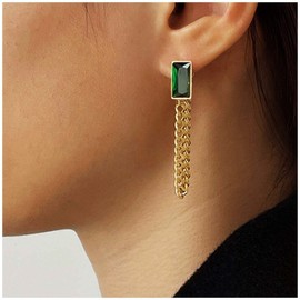 Andelaisi Boho Emerald Earrings Green Emerald Studs Earrings Gold Long Chain Earrings Vintage Crystal Emerald Chain Wrap Earrings Jewelry for Women