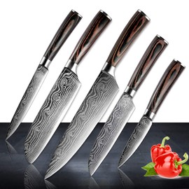 Damascus Chef Knife Set. Professional Japanese High Carbon Steel. 7Cr17mov Blade. Ergonomic comfort Woden Handle. 5 Pieces Set