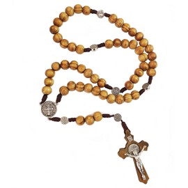 AJRUIER Women's Wooden Necklace, Necklace with Catholic Cross Rosary Made of Wood, Round Beads Catholic Religious Wooden Beads Jewellery Men's Necklace Gift Jesus Cross Pendant, woods, Pearl