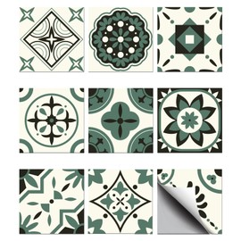 CHGCRAFT 36pcs 9 Styles Moss Green Pattern Tile Stickers Waterproof Tile Stickers Square with Flower Pattern for Kitchen Bathroom Bedroom Wall Floor Decoration, Dark Olive Green, 3.9×3.9inch