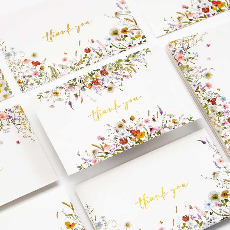 Crisky 4 Assorted Gold Foil WildFlowers Thank You Cards, (50