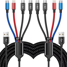 Multi Charging Cable(2Pack 4FT), 4 in 1 Charger Cable Nylon Braided Multiple USB Cable Universal Phone Charging Cord with Type-C, Micro USB, IP Port for iPhone16/15 Series/Cell Phones and More