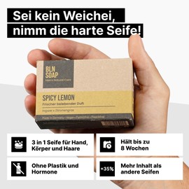 BLN SOAP Spicy Lemon - Lemongrass & Ginger Men's Soap: Solid Body Soap for Men, Shower Soap Made from Natural Ingredients, No Hormones, Vegan, Plastic-Free, Palm Oil, Made in Germany, 135 g