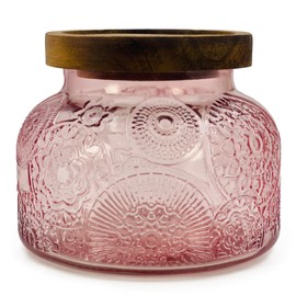 Decorative Pink Glass Storage Jar with Airtight Wooden Lid 40 oz, Vintage Kitchen Canister with Floral Embossed Design, Home Decor Organizer for Pantry, Bathroom, Apothecary, Sand Candle, Vase
