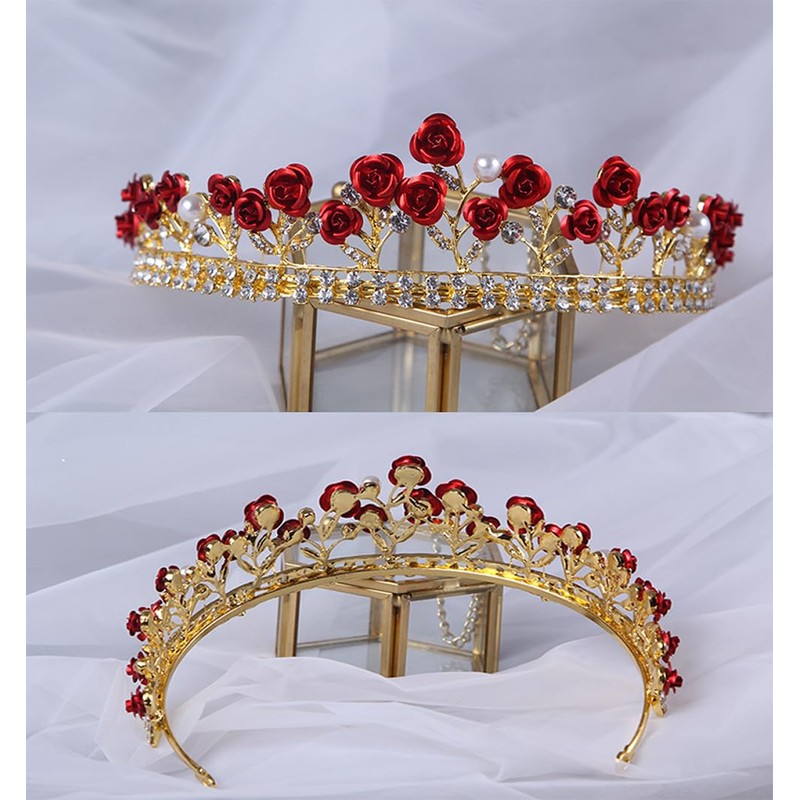 Glitter Red Rose Rhinestones Pearl Tiaras Bride Princess Queen Floral