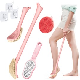 GEENOA New Foot Brush for Shower, 3-in-1 Foot Scrubber for Wet or Dry Brush, 10.2’’-27.5’’Adjustable Foot Scrub Brush, Foot File and Silicone Body Scrubber Set, Giftbox(Pink Kit)