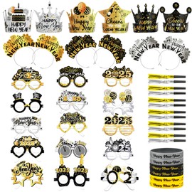 DPKOW 45pcs New Year Party Accessories Kit Black Gold Sliver New Year Glasses New Years Eve Party Hats Happy New Year Headband Wristbands Party Blowers for Kids Adults New Year Eves Decorations 2025