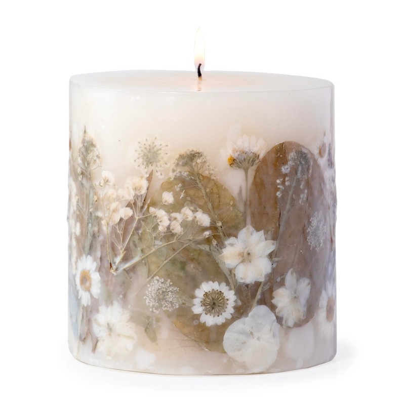 ANDALUCA Pressed Real Flowers Handcrafted Botanical Floral Pillar Candle (Natural