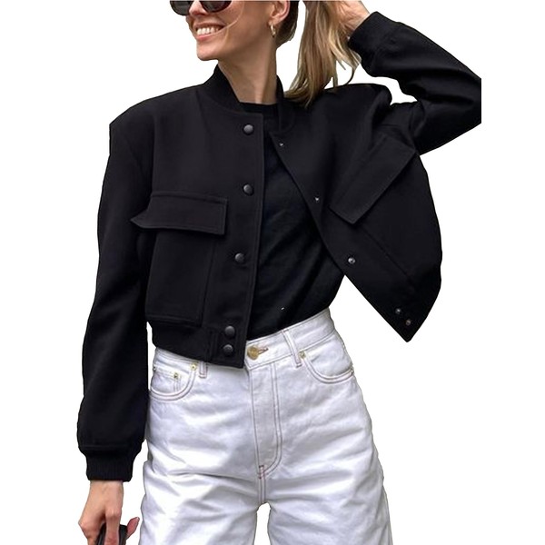 Megfie Womens Cropped Bomber Jacket Button Down Varsity Jackets Shackets
