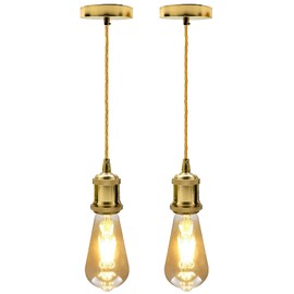 LEDSone Vintage Metal Ceiling Pendant Light Fitting, Twisted Braided Flex 1m Cable, E27 Lamp Holder Suspended Pendant Light Fitting Kit for Indoor Lightings. (French Gold, 2 Pack)