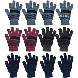 Yacht & Smith 12 Pairs of Winter Gloves Mens Womens and Kids - Thermal Knit Stretchy Fuzzy Bulk Glove Colors (UNISEX STRIPE)