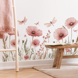 Esmee Wall Stickers Pink Floral Flower Dragonfly Peel and Stick Wallpaper for Art Decoration, Children's Bedroom, Bathroom, Living Room