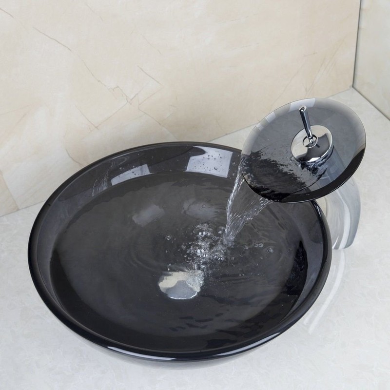 Yanksmart Vessel Sink Tempered Glass Round Bowl Mixer Waterfall Faucet
