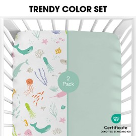 Little Grape Land Cot Sheets for Boys Girls, 2 Pack Cot Sheets Fitted Size 70 * 140 * 17cm for Crib and Toddler Mattresses, Soft Breathable Microfibre, Ocean World/Mint Green