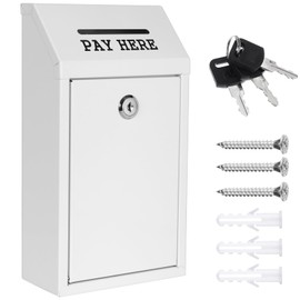 Metal Donation Box Collection Safe Suggestion Box with Lock Wall Mounted Mailbox Delivery Ballot Case Key Drop Case for Home Office Outdoor Door (White, 10.24 x 5.71 x 2.95 Inch)
