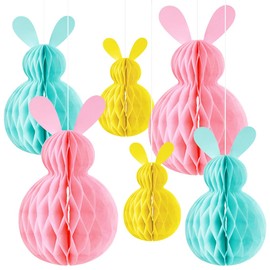 O-Kinee 6 Easter Decoration Honeycomb Balls, Easter Bunny Decoration Set, Large Honeycomb Decoration Rabbit Made of Cardboard, Colourful, Easter Decoration for Hanging, Easter Decoration Honeycomb