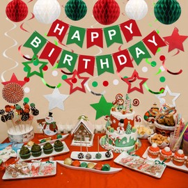 meowtastic Birthday Decorations, Happy Birthday Banner with Honeycomb Balls, Stars Hanging Swirl Streamers, Circle Dots Garland, Happy Birthday Party Decorations for Women Men Boys Girls (Red & Green)
