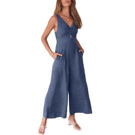 ANRABESS Women's Summer Wide Leg Linen Jumpsuits Dressy V Neck Sleeveless Casual Pants Rompers 2024 Vacation Beach Outfits Deep Blue Large