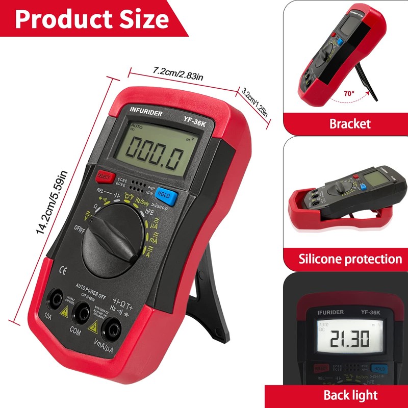 INFURIDER Multimeter Digital YF-36K, Auto Range Voltmeter Ammeter Ohmmeter, 4000
