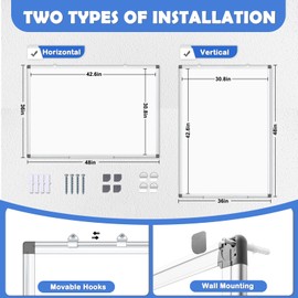 WALGLASS Magnetic Whiteboard, 48" x 36" Large Dry Erase White Board for Wall, Hanging Whiteboard with Silver Aluminium Frame for Home, School, Office, Kitchen