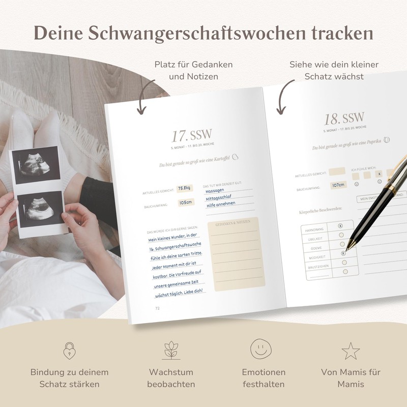 MeinBaby123® Linen Pregnancy Diary with Gold Engraving, Pregnancy Diary, Pregnancy
