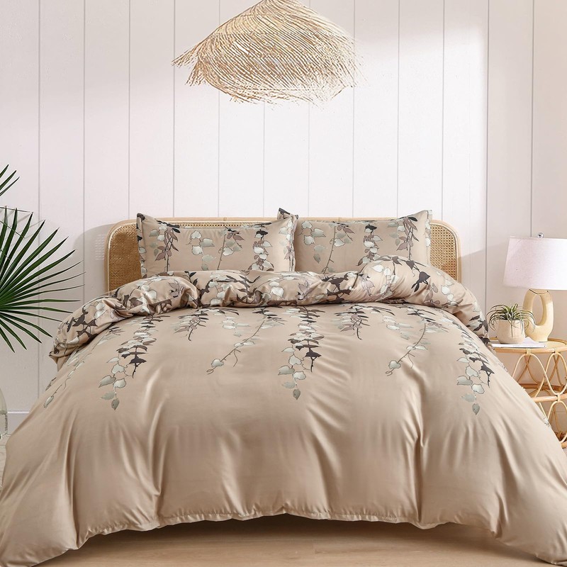 Double Duvet Set Botanical Brown Bedding Set Polyester Breathable Stylish