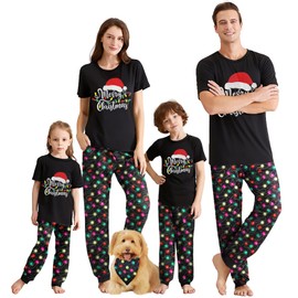 IFFEI Christmas Pajamas for Family Letter Print Matching Holiday PJ's Sets with Short Sleeve Tee and Pants Loungewear Women L Black